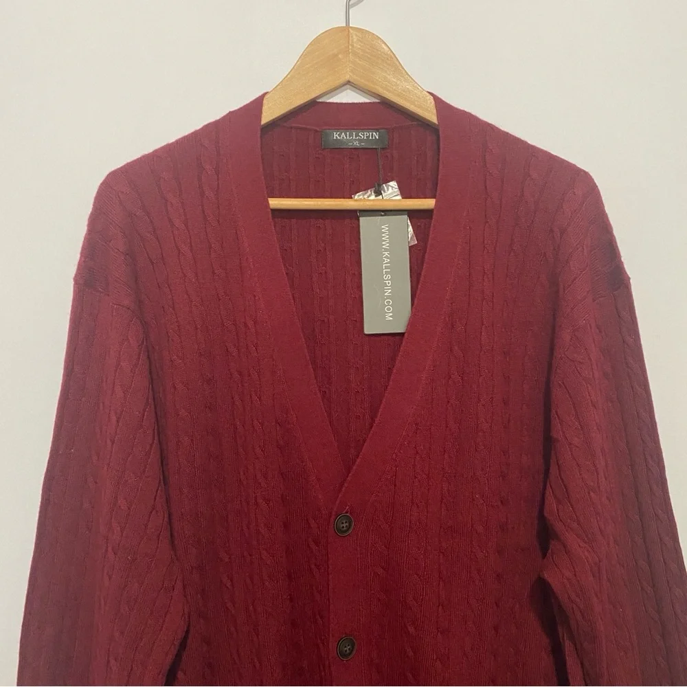 Kallspin Wool Blend Men's Cardigan XL Maroon Cable Knit Button Front Sweater NWT